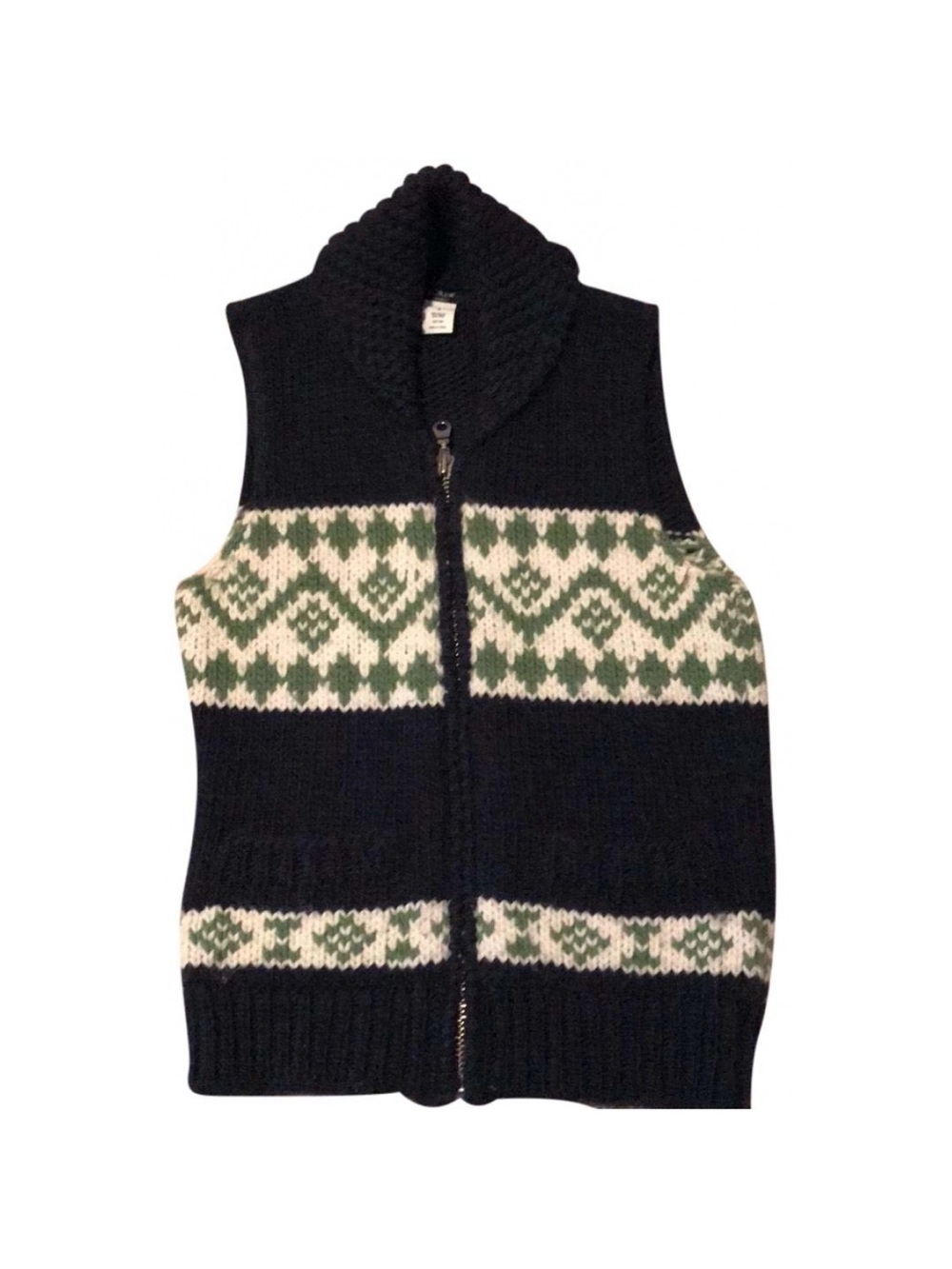 Women’s Navy Shawl Collar Zip Sweater Vest with Green Pattern